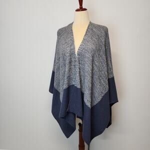 Womens Poncho Shawl Sweater Blue One Size Open Front Tight Knit Wool Blend
